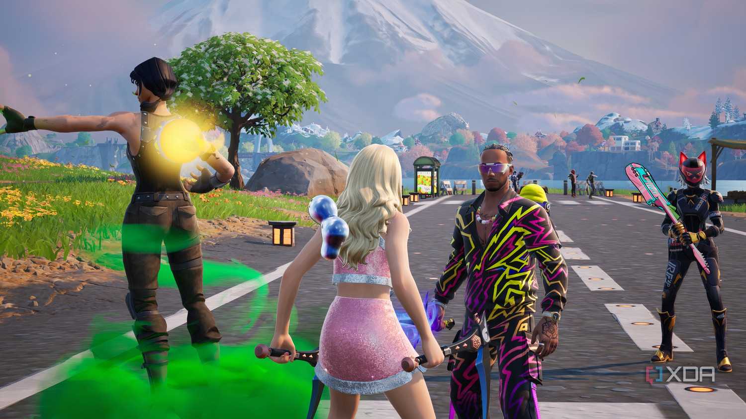 An image from the game Fortnite, showing Sabrina Carpenter looking at Lewis Hamilton.