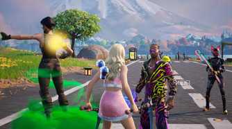An image from the game Fortnite, showing Sabrina Carpenter looking at Lewis Hamilton.