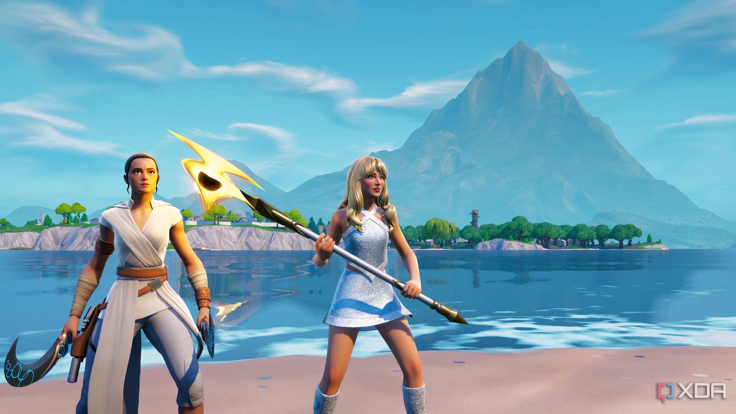 An image from the game Fortnite, showing playable character skins of Daisy Ridley as Rey from Star Wars, and Sabrina Carpenter.