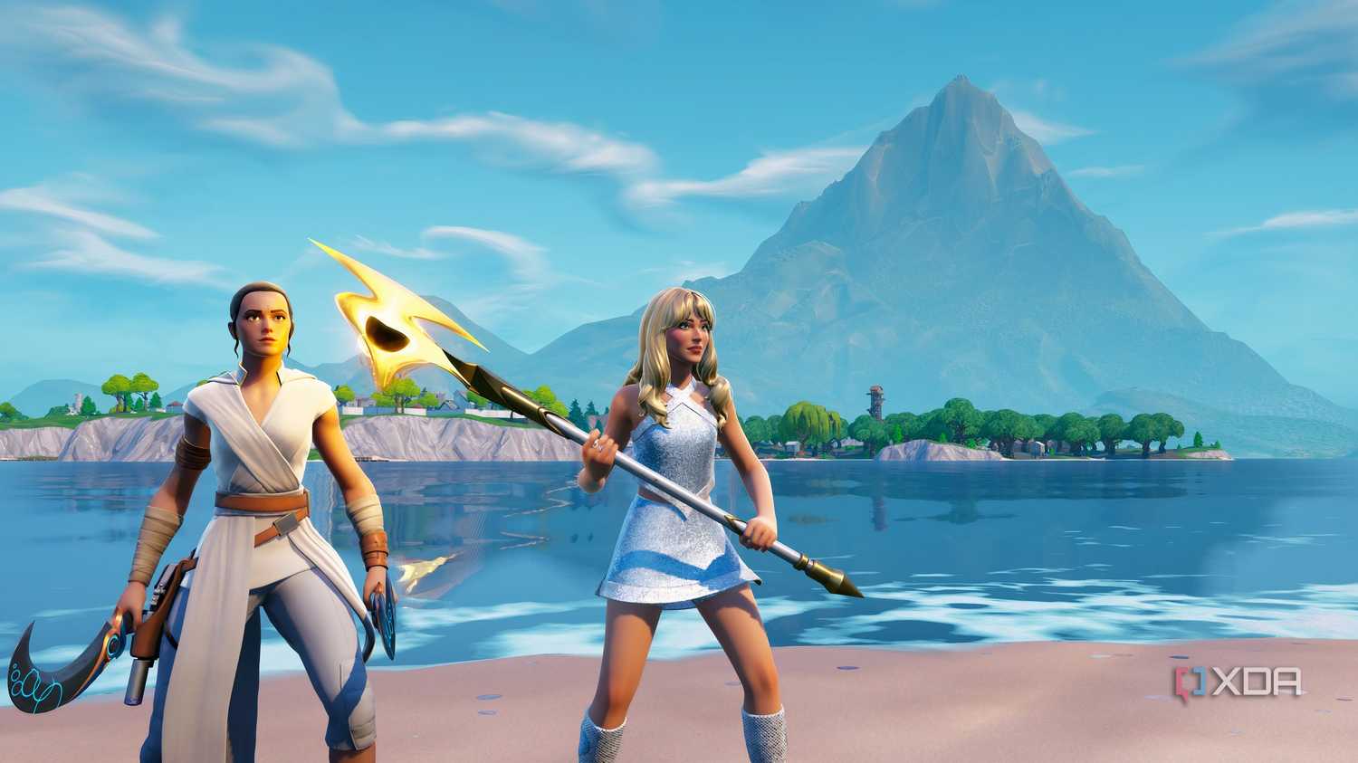 An image from the game Fortnite, showing playable character skins of Daisy Ridley as Rey from Star Wars, and Sabrina Carpenter.