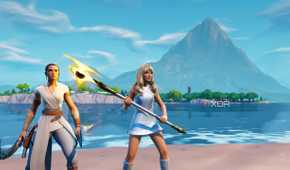 An image from the game Fortnite, showing playable character skins of Daisy Ridley as Rey from Star Wars, and Sabrina Carpenter.