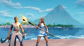 An image from the game Fortnite, showing playable character skins of Daisy Ridley as Rey from Star Wars, and Sabrina Carpenter.