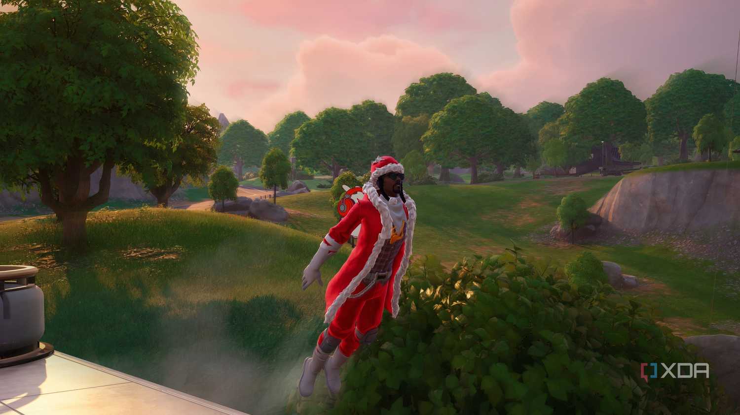 An image from the game Fortnite, showing rapper Snoop Dogg leaping off a train.