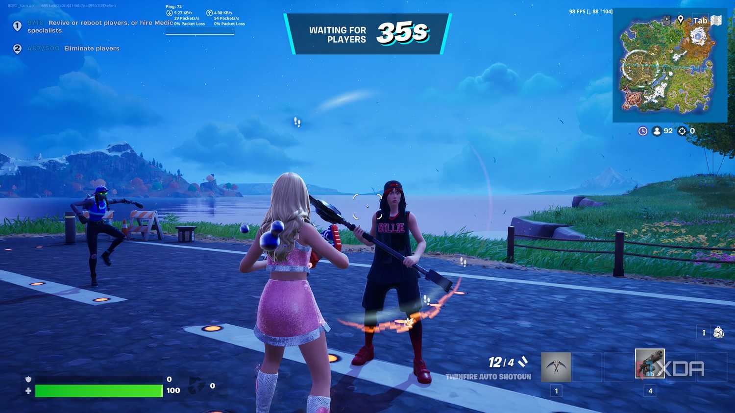 An image from the game Fortnite, showing Sabrina Carpenter looking at Billie Eilish.
