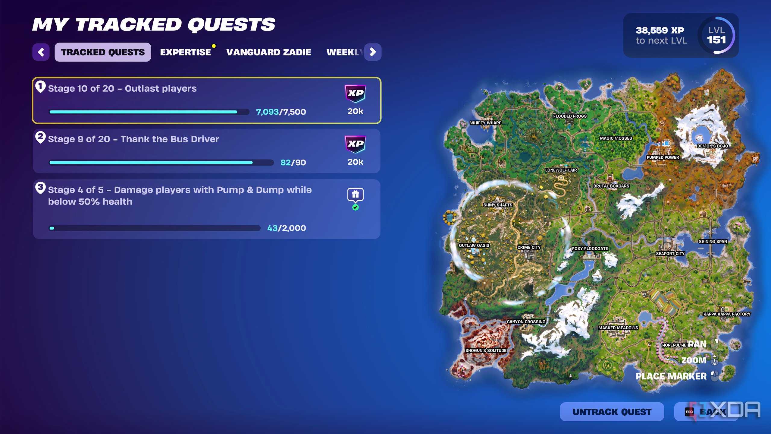 An image from the game Fortnite, showing the game's 'Tracked Quests' menu.