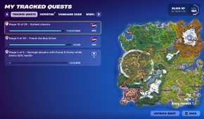 An image from the game Fortnite, showing the game's 'Tracked Quests' menu.