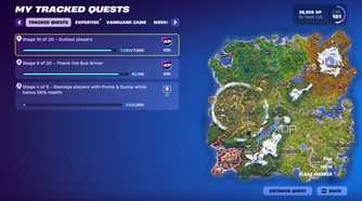 An image from the game Fortnite, showing the game's 'Tracked Quests' menu.