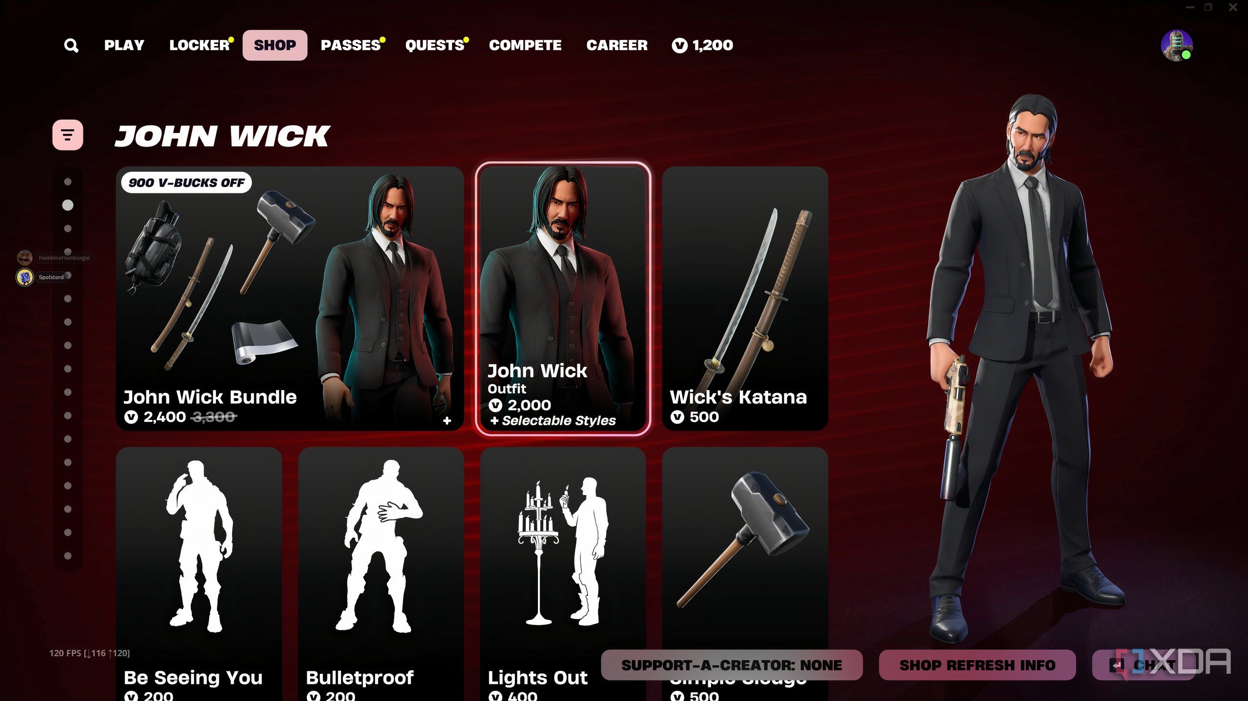 An image from the game Fortnite, showing Keanu Reeves' John Wick as a purchaseable character skin in the game's Item Shop.