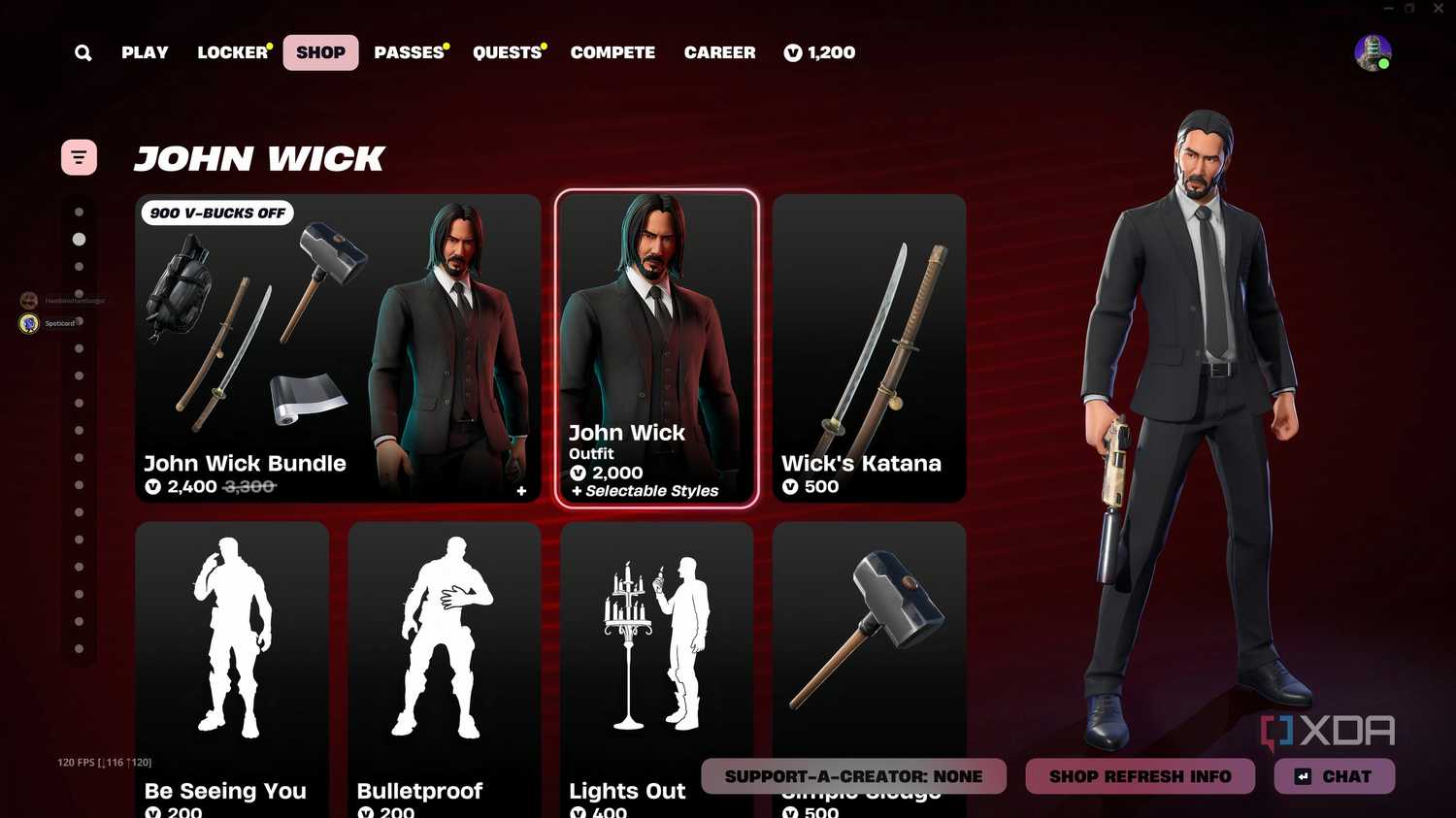 An image from the game Fortnite, showing Keanu Reeves' John Wick as a purchaseable character skin in the game's Item Shop.