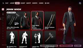 An image from the game Fortnite, showing Keanu Reeves' John Wick as a purchaseable character skin in the game's Item Shop.