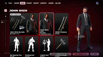 An image from the game Fortnite, showing Keanu Reeves' John Wick as a purchaseable character skin in the game's Item Shop.