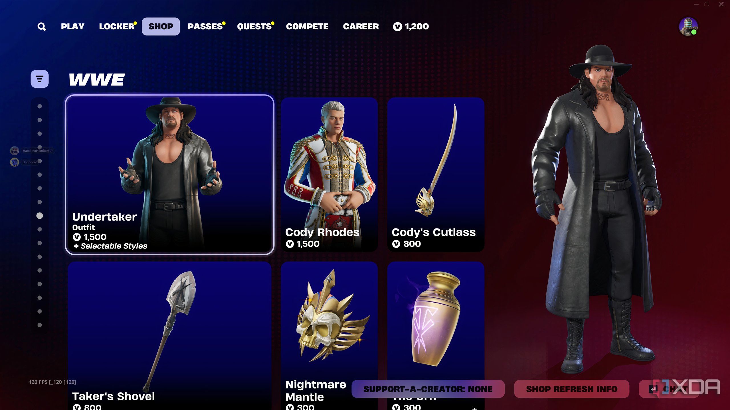 An image from the game Fortnite, showing the Item Shop, where WWE superstars The Undertaker and Cody Rhodes as purchaseable character skins.