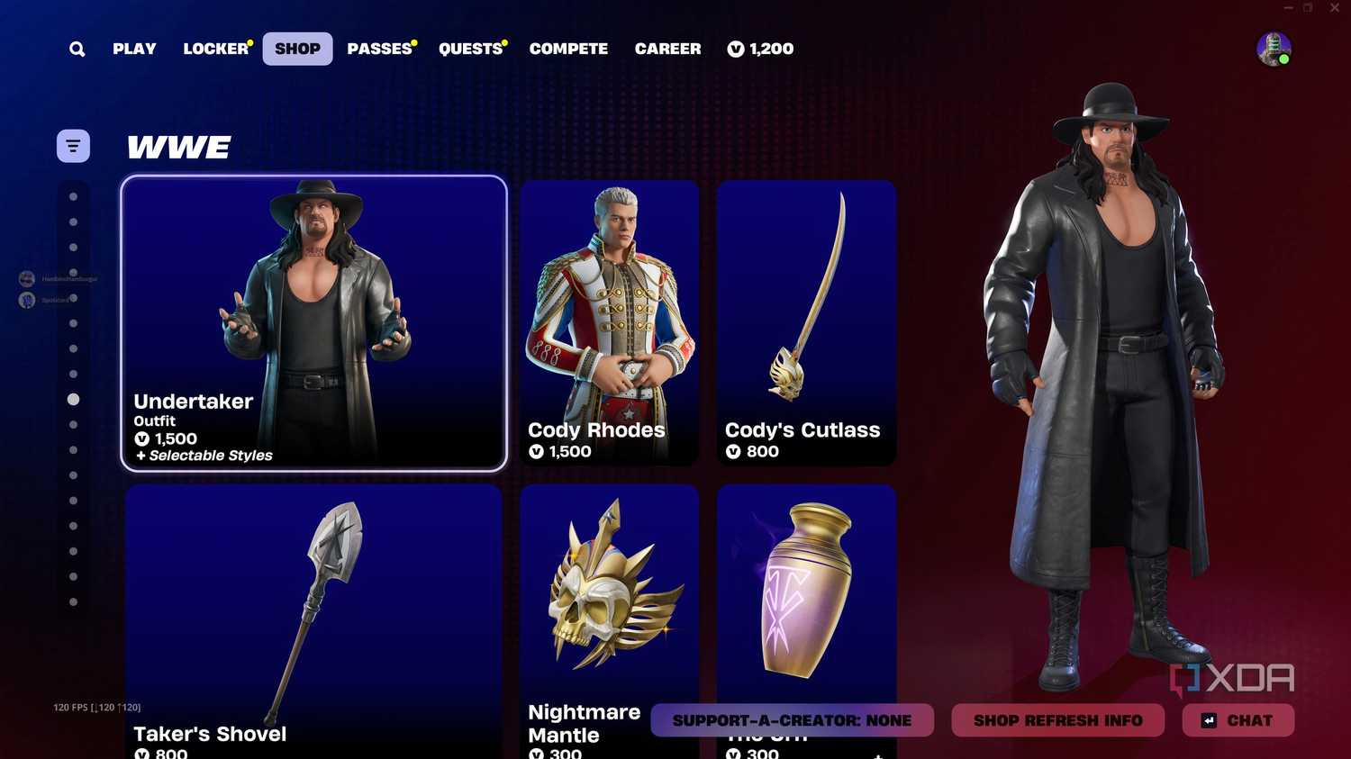 An image from the game Fortnite, showing the Item Shop, where WWE superstars The Undertaker and Cody Rhodes as purchaseable character skins.
