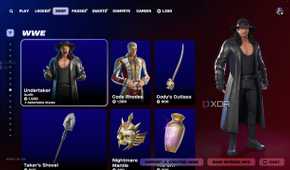 An image from the game Fortnite, showing the Item Shop, where WWE superstars The Undertaker and Cody Rhodes as purchaseable character skins.