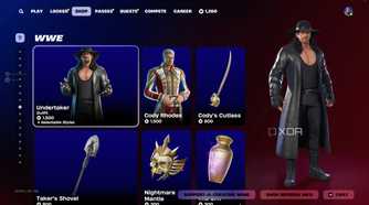 An image from the game Fortnite, showing the Item Shop, where WWE superstars The Undertaker and Cody Rhodes as purchaseable character skins.