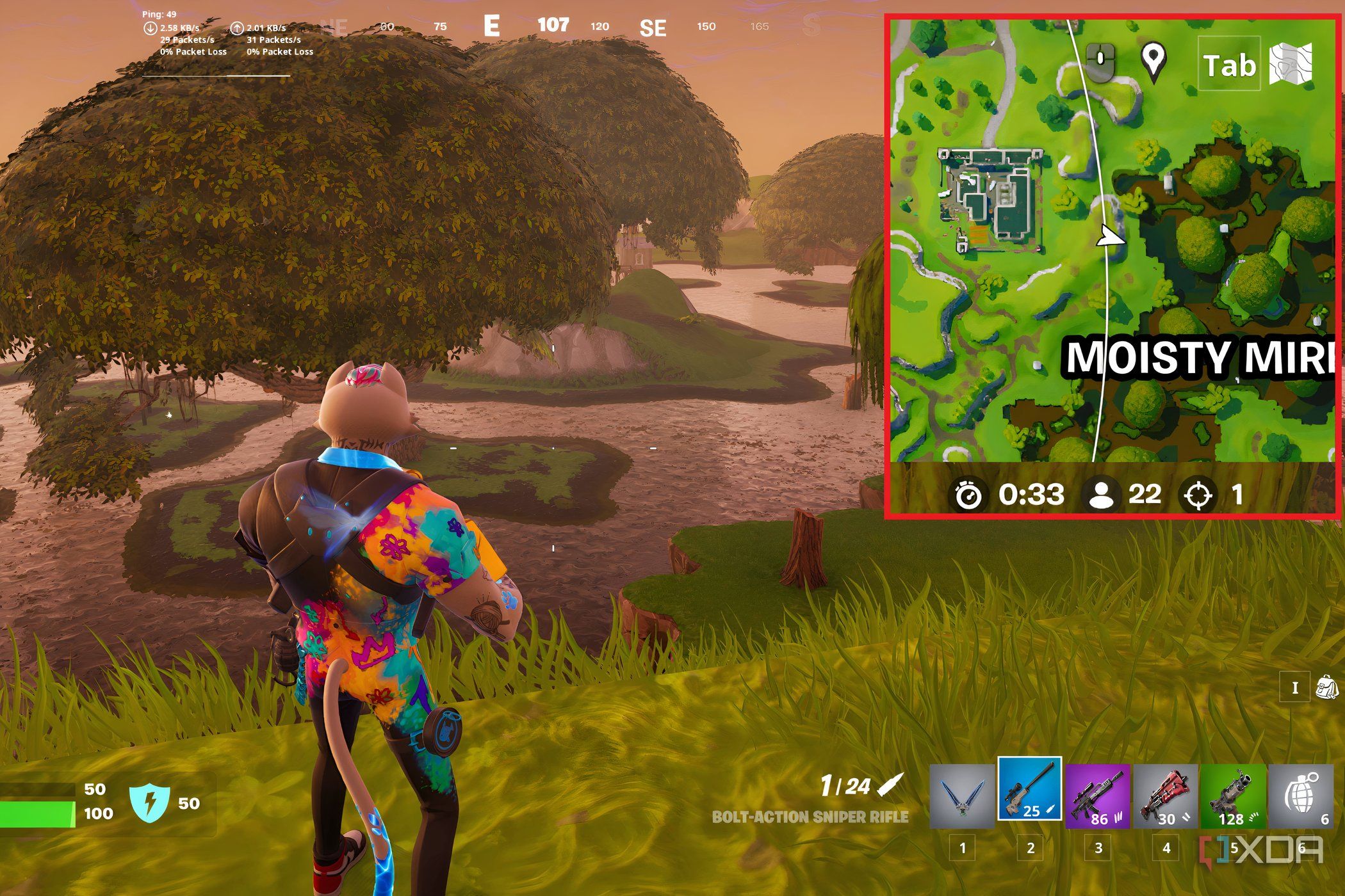 An image from the game Fortnite, showing the mini-map zoomed-in and highlighted on the right side of the screen.