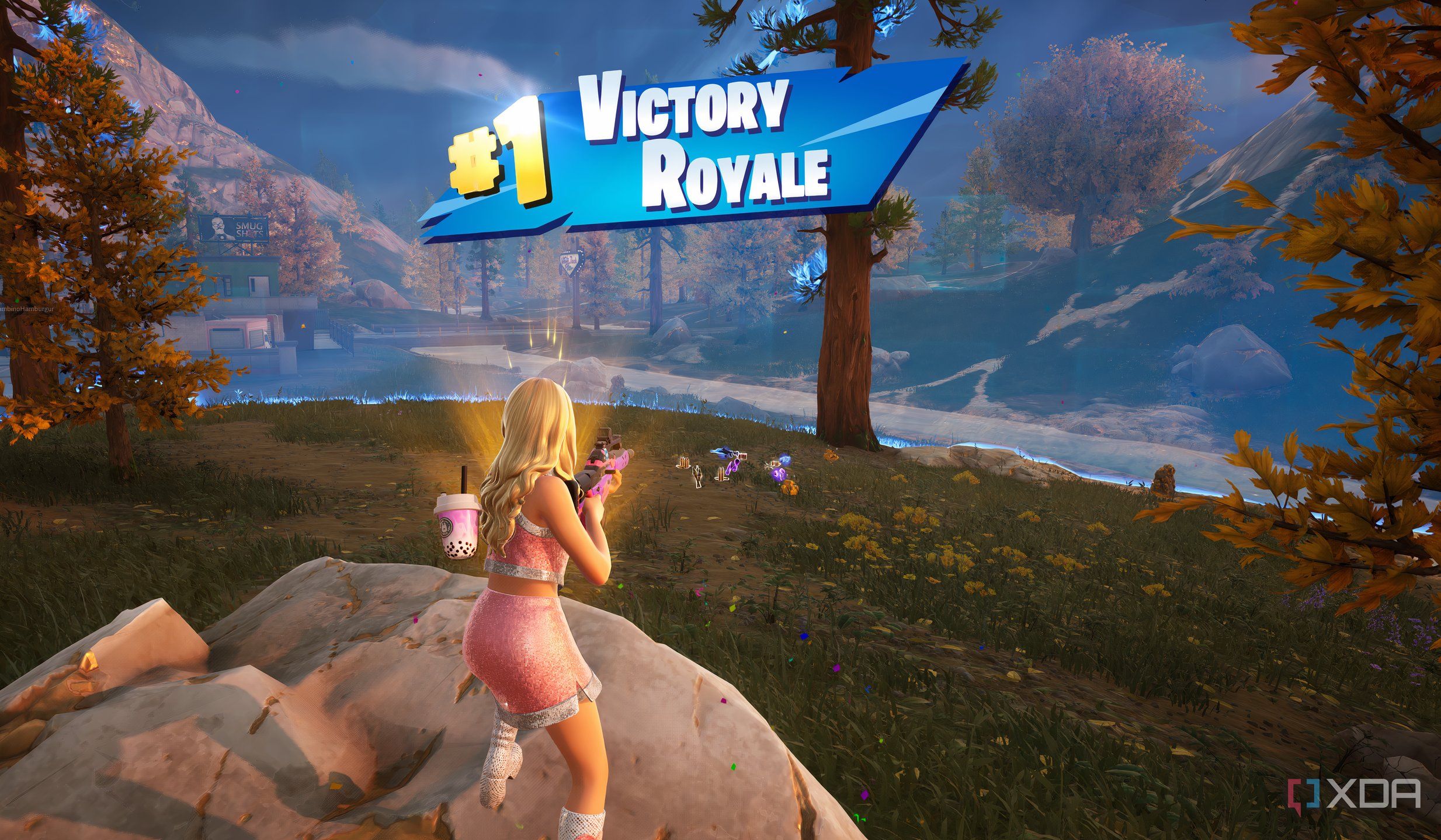 An image from the game Fortnite, showing pop-star Sabrina Carpenter with a golden aura around her.