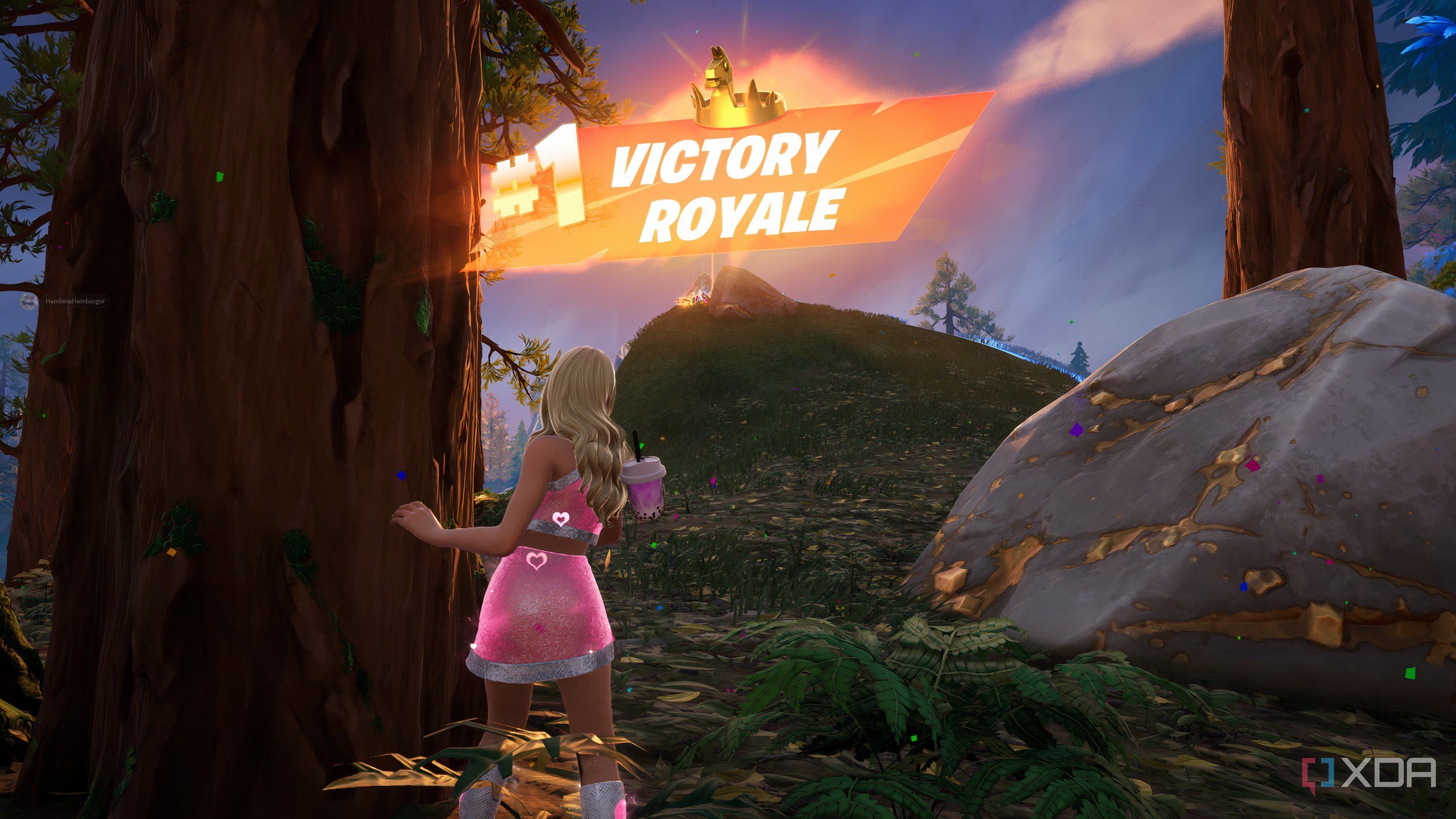 An image from the game Fortnite, showing Sabrina Carpenter dancing as she wins a match.
