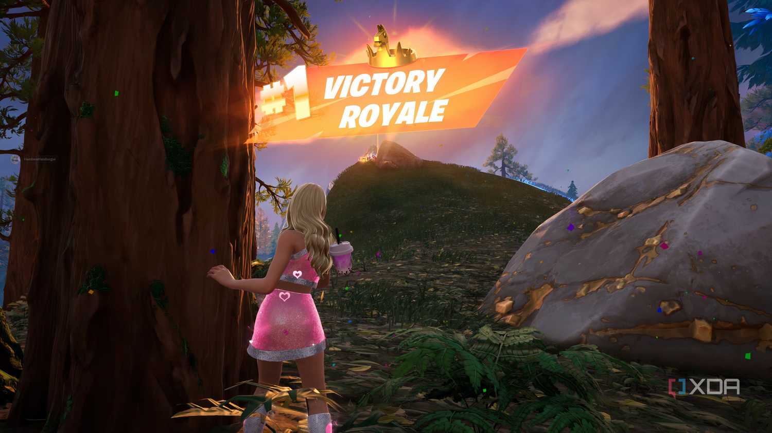 An image from the game Fortnite, showing Sabrina Carpenter dancing as she wins a match.