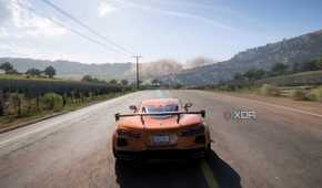 The opening of Forza Horizon 5, showing an orange Corvette C8 Stingray speeding down a road.