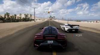 The opening of Forza Horizon 5, showing a red Mercedes AMG-ONE racing along a beach.