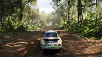 The opening of Forza Horizon 5, showing a Porsche Desert Flyer speeding through a forest trail.