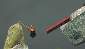 An image from the game Getting Over It with Bennett Foddy, showing the player hanging on to a rock.