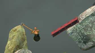 An image from the game Getting Over It with Bennett Foddy, showing the player hanging on to a rock.