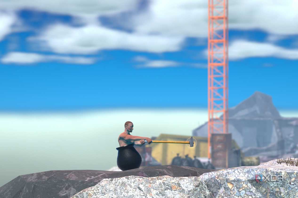 An image from the game Getting Over It with Bennett Foddy, showing the player atop a sunny cliff.