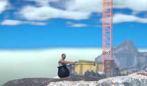An image from the game Getting Over It with Bennett Foddy, showing the player atop a sunny cliff.