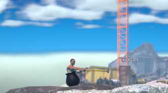 An image from the game Getting Over It with Bennett Foddy, showing the player atop a sunny cliff.