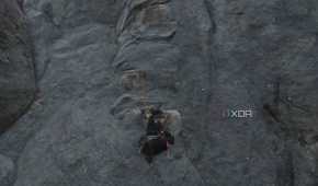A screenshot from Ghost of Tsushima, showing Jin Sakai climbing up a cliff face with white-painted handholds.