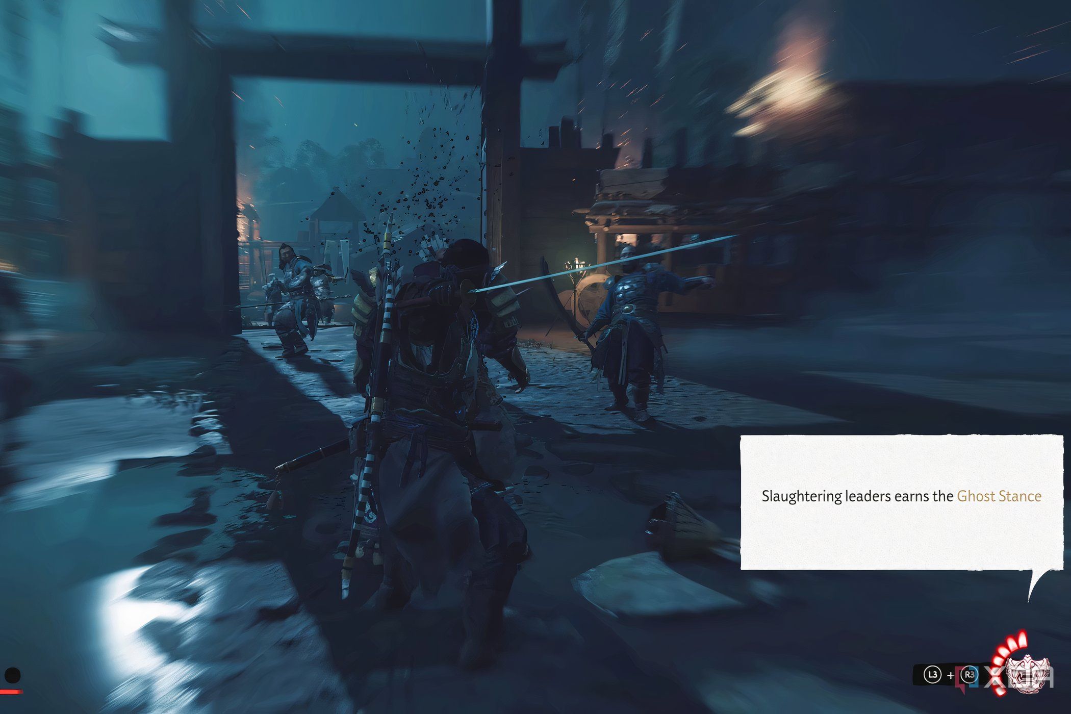 A screenshot from the game Ghost of Tsushima, showing the player character being prompted to press L3 and R3.