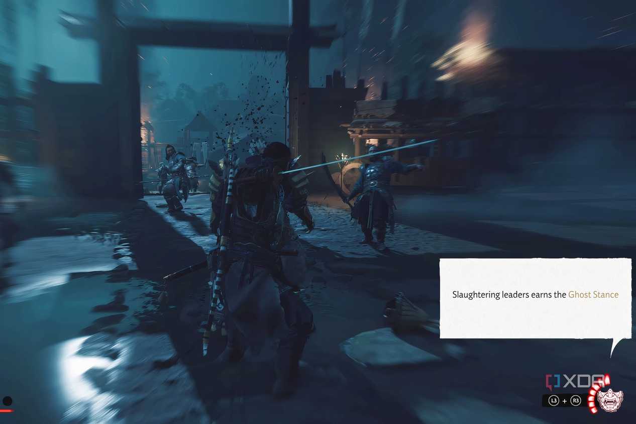 A screenshot from the game Ghost of Tsushima, showing the player character being prompted to press L3 and R3.