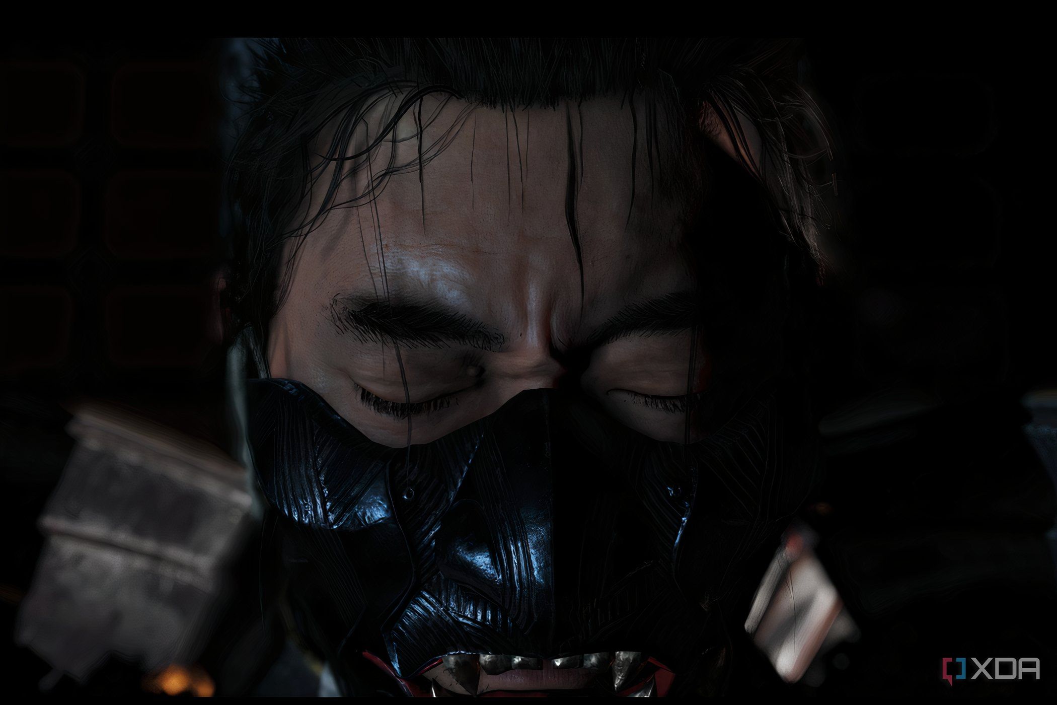 A screenshot from Ghost of Tsushima, showing Jin looking emotional as he wears the mask of the ghost.