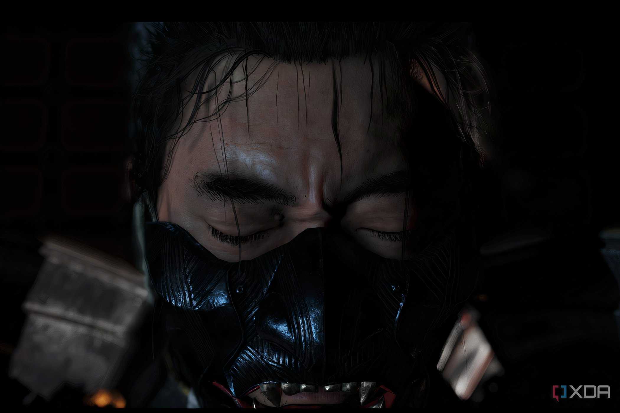A screenshot from Ghost of Tsushima, showing Jin looking emotional as he wears the mask of the ghost.