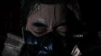 A screenshot from Ghost of Tsushima, showing Jin looking emotional as he wears the mask of the ghost.