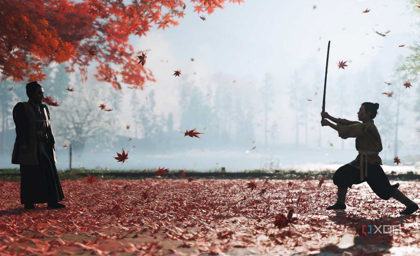 A screenshot from Ghost of Tsushima, showing a young Jin Sakai being trained by his uncle in a field of fallen red leaves.