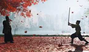 A screenshot from Ghost of Tsushima, showing a young Jin Sakai being trained by his uncle in a field of fallen red leaves.