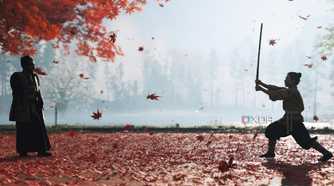 A screenshot from Ghost of Tsushima, showing a young Jin Sakai being trained by his uncle in a field of fallen red leaves.
