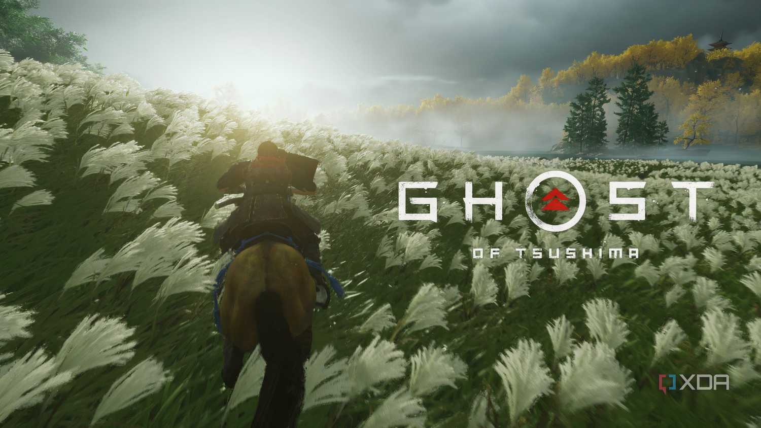 A screenshot from Ghost of Tsushima, showing the game's title card as Jin Sakai rides on horseback through a field of white lilies.
