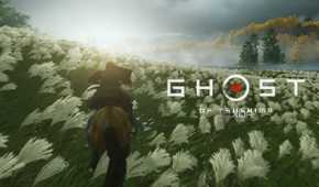 A screenshot from Ghost of Tsushima, showing the game's title card as Jin Sakai rides on horseback through a field of white lilies.