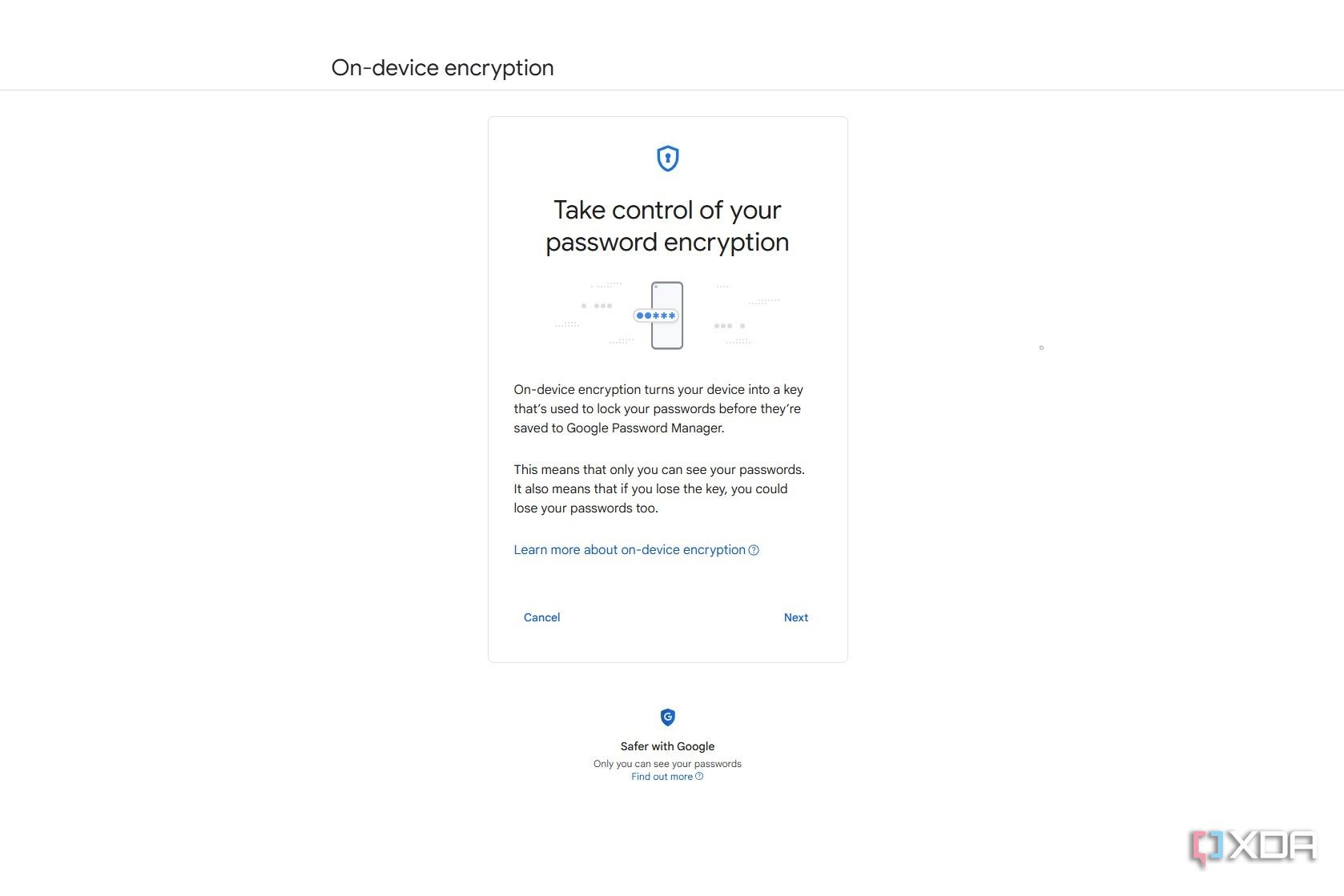 Screenshot of Google Password Manager on PC showing on-device encryption option