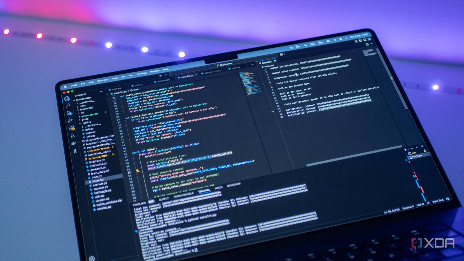 Laptop showing code which connects to Govee smart lights to control them locally