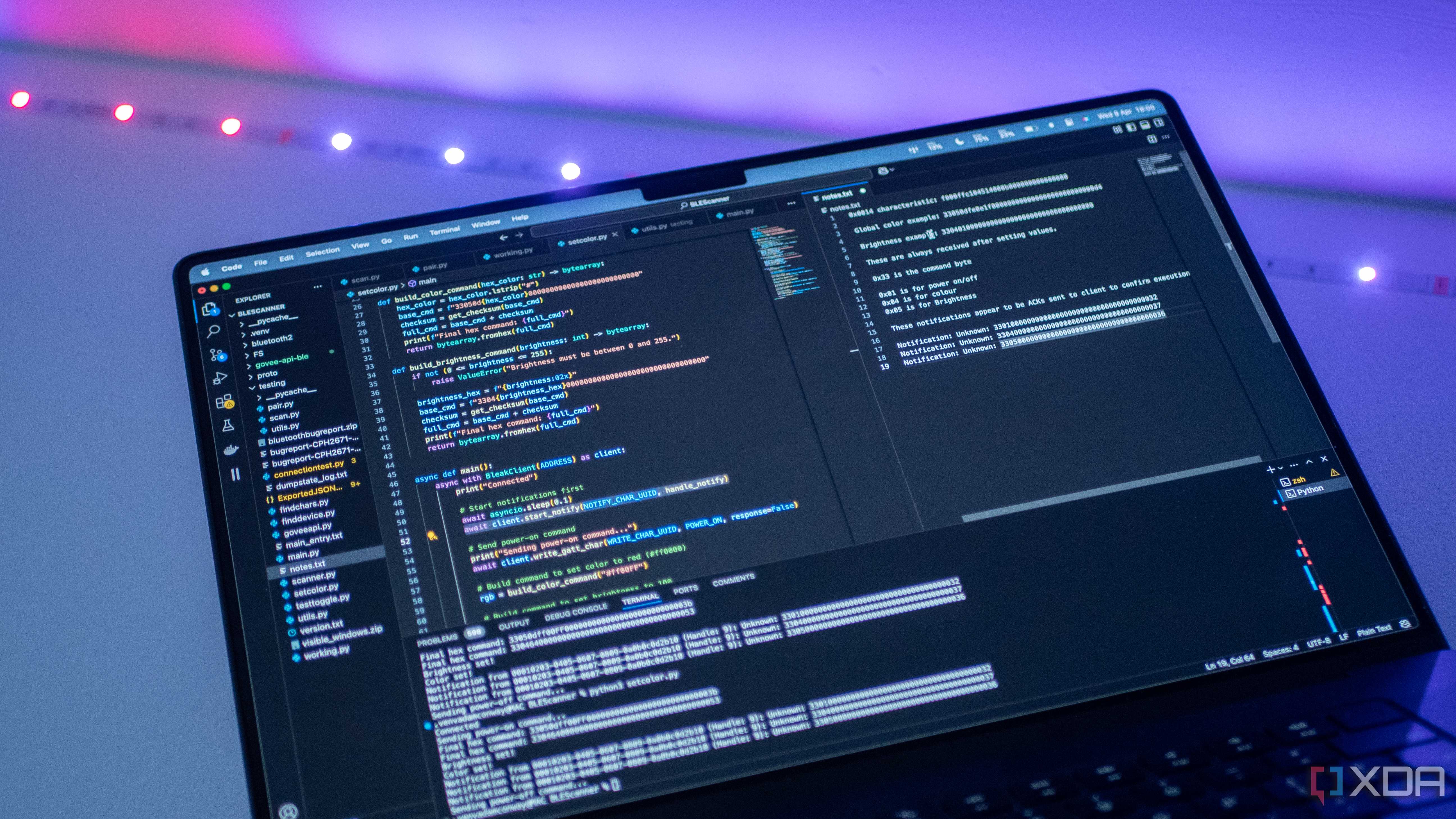Laptop showing code which connects to Govee smart lights to control them locally