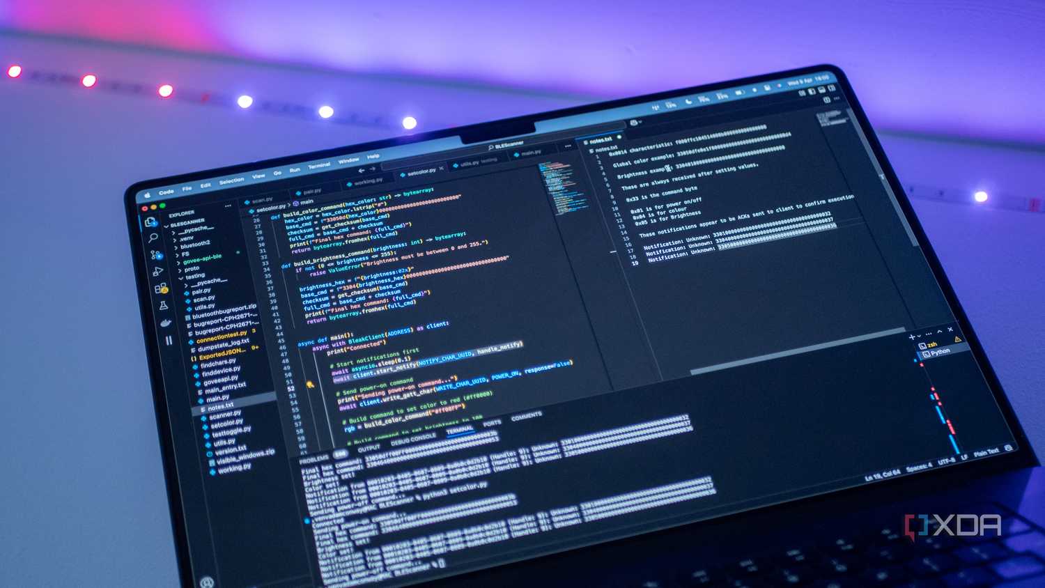 Laptop showing code which connects to Govee smart lights to control them locally