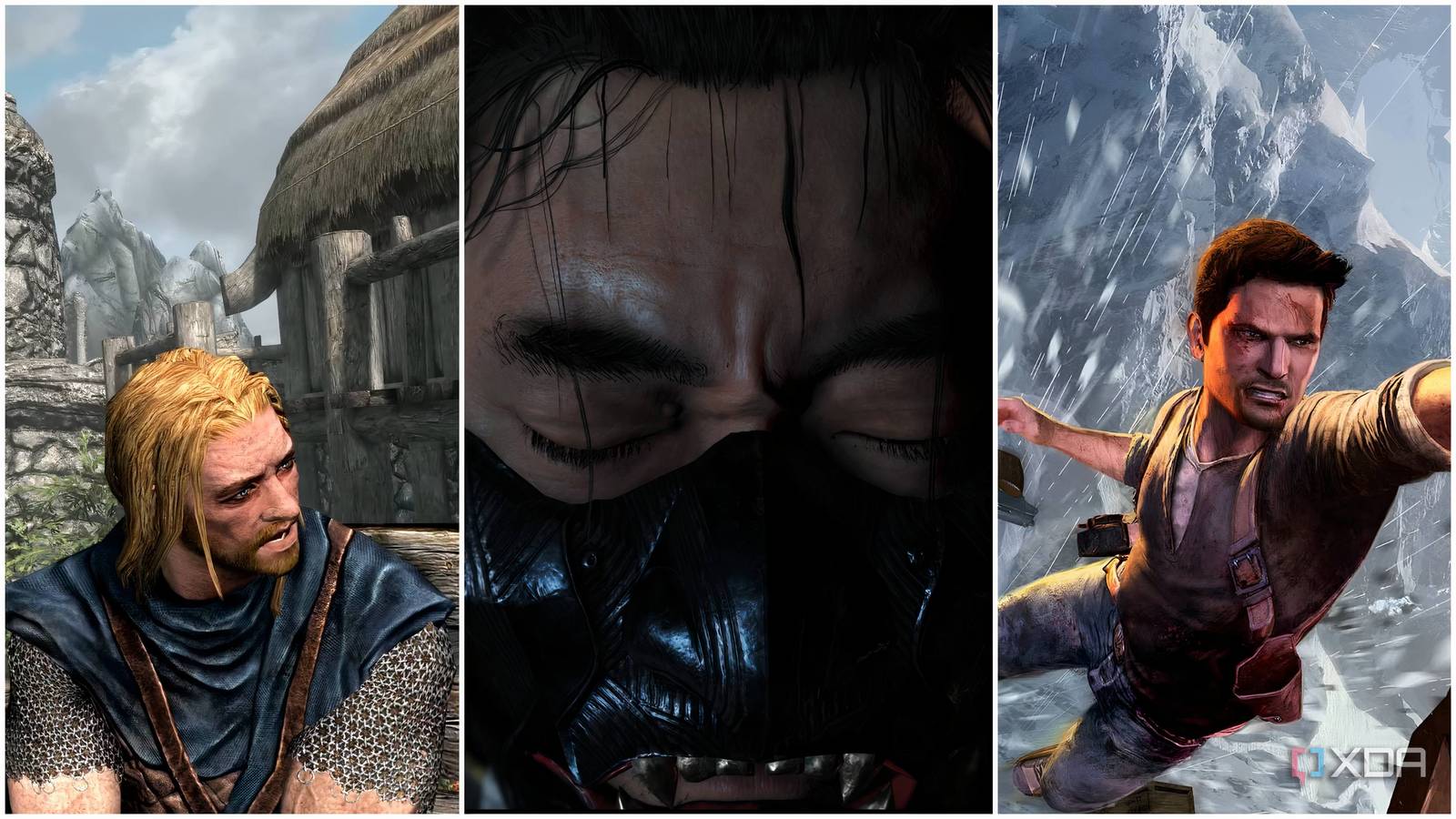 An image of Ralof from Skyrim, Jin Sakai from Ghost of Tsushima, and Nathan Drake from Uncharted 2.