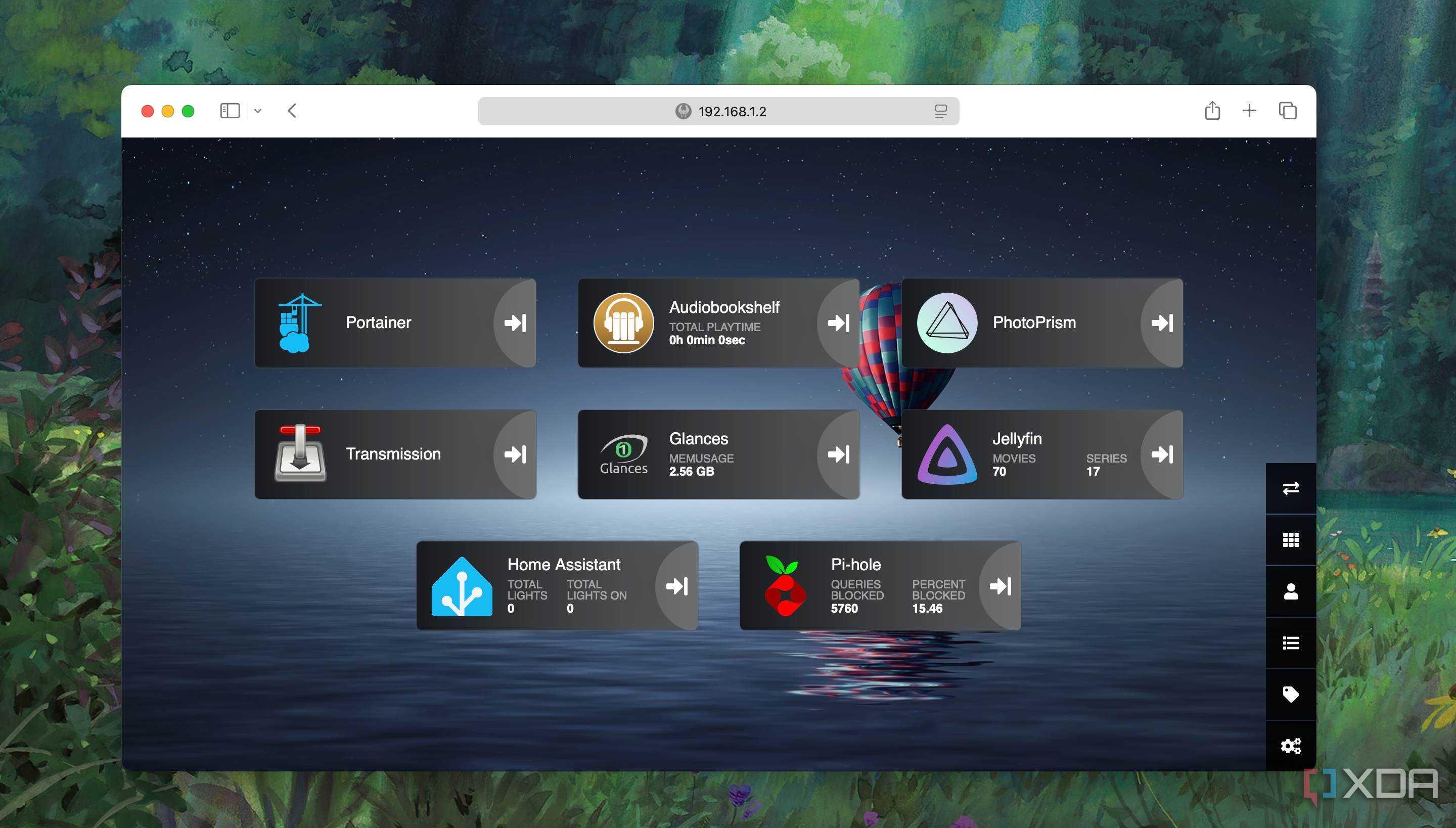 A screenshot of self-hosted apps with live details on a Heimdall dashboard