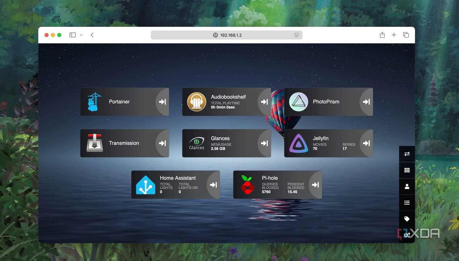 A screenshot of self-hosted apps with live details on a Heimdall dashboard