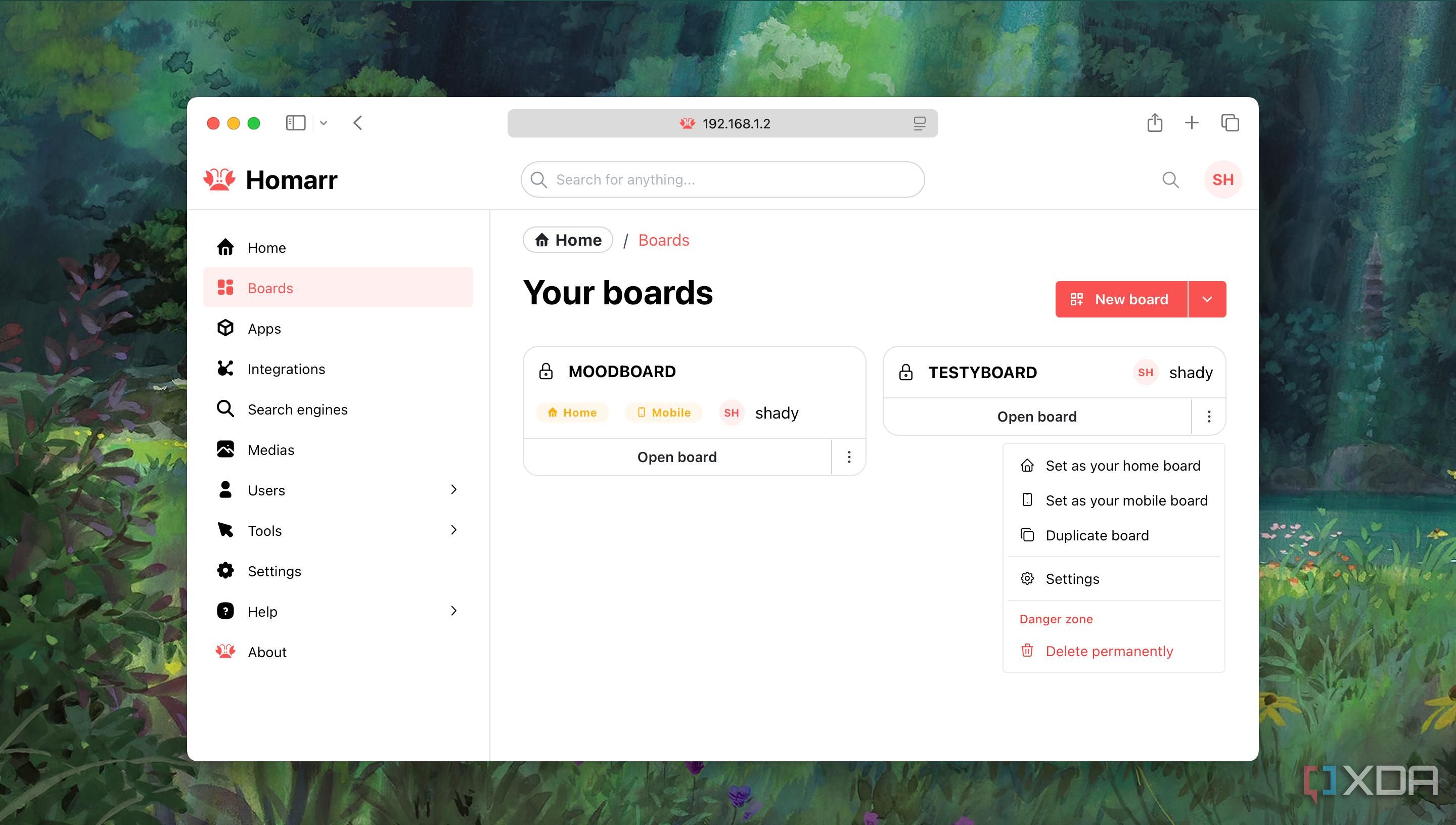 A screenshot of Homarr showing capability to create multiple dashboards